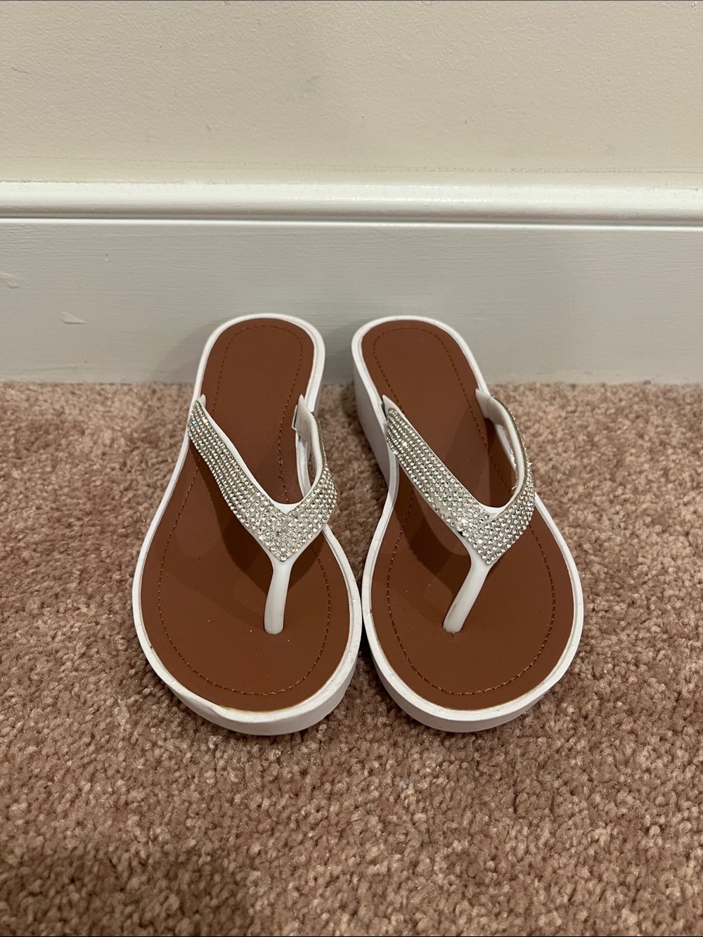 Kids White Rhinestone Thong Sandals